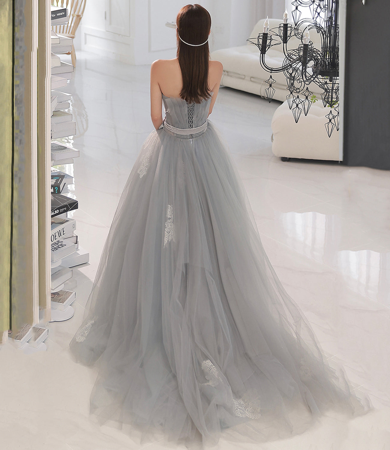 Gray tulle lace long prom dress A line evening gown  10131