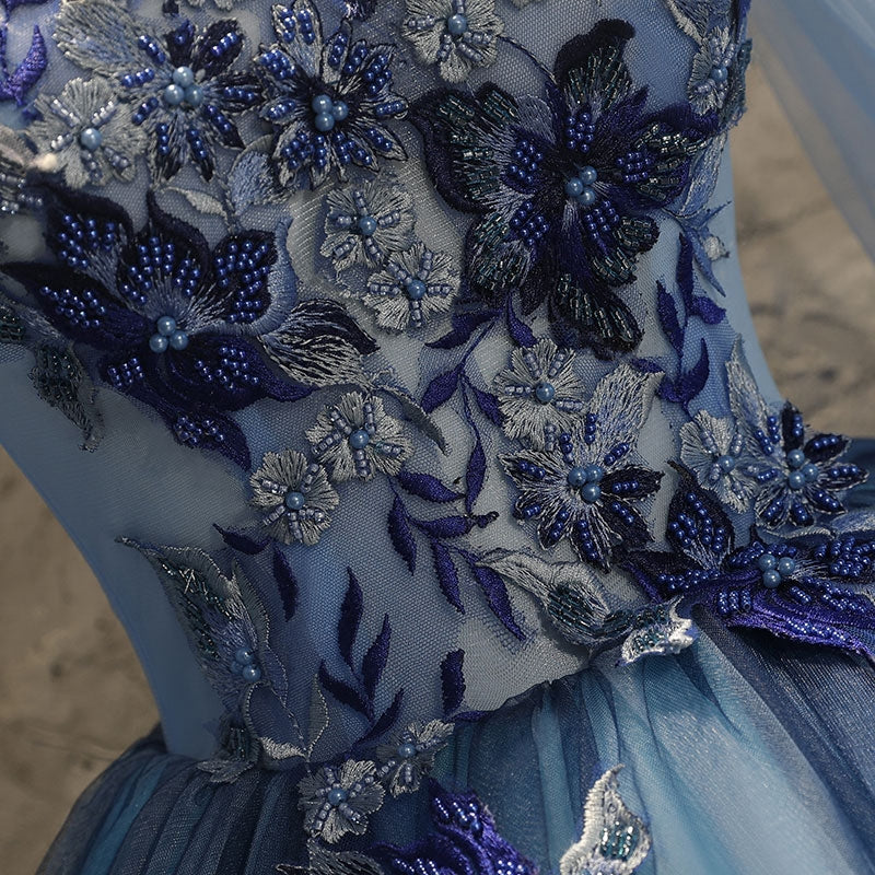 Robe longue de soirée en tulle bleu et dentelle 10091