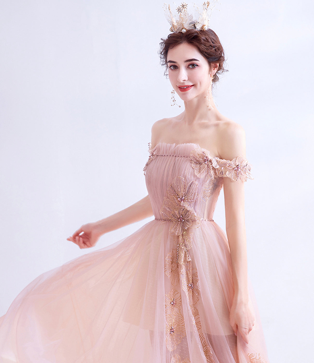 Rosa Tüll langes A-Linie Ballkleid Rosa Abendkleid 10129