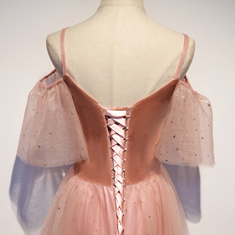 Robe de bal longue en tulle velours rose, robe de soirée rose 10079