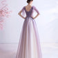 Purple v neck tulle long prom dress A line evening gown  10130