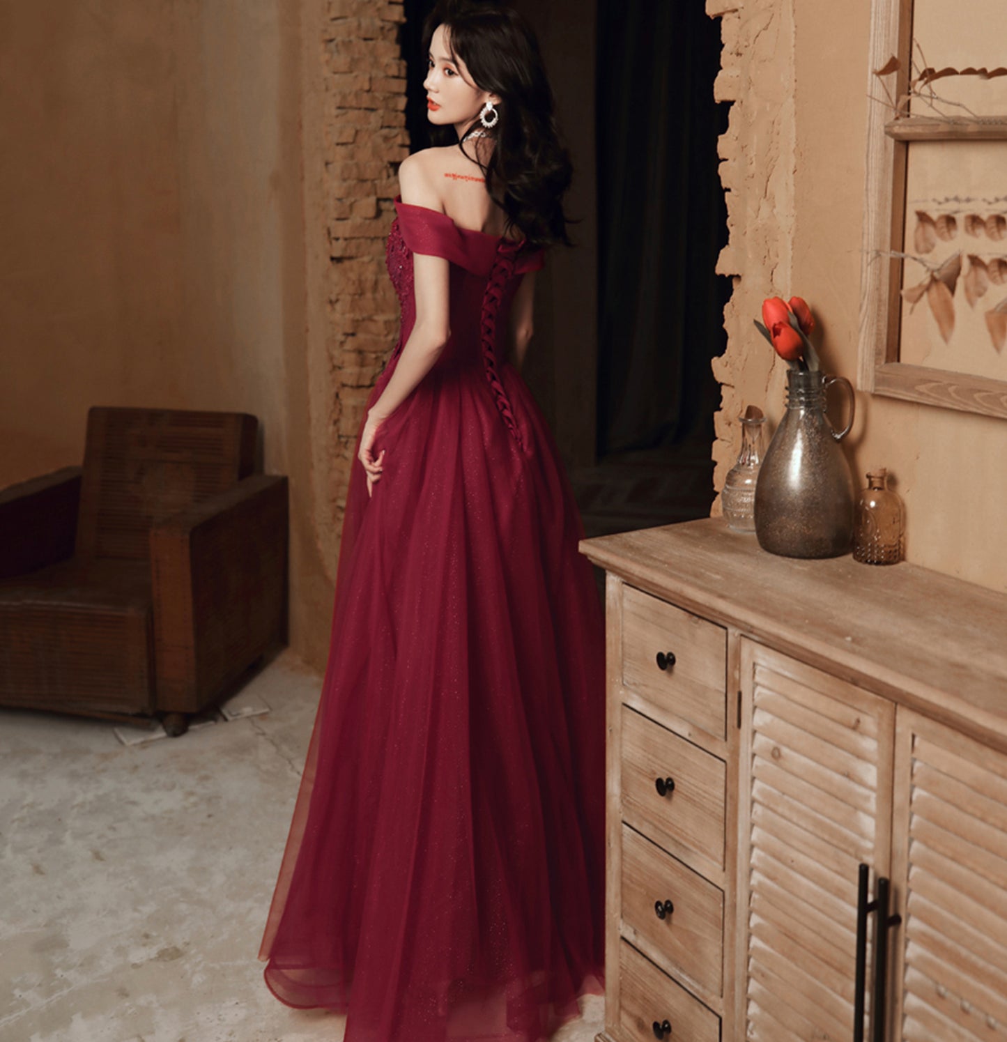 Burgund Spitzenperlen langes Ballkleid Abendkleid 10114