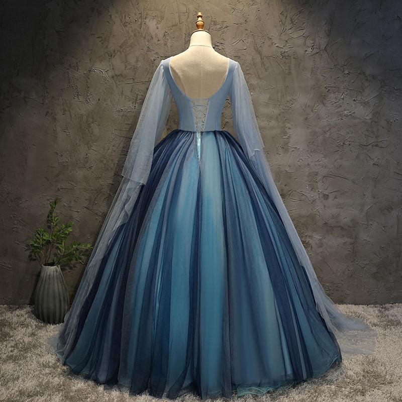 Robe longue de soirée en tulle bleu et dentelle 10091
