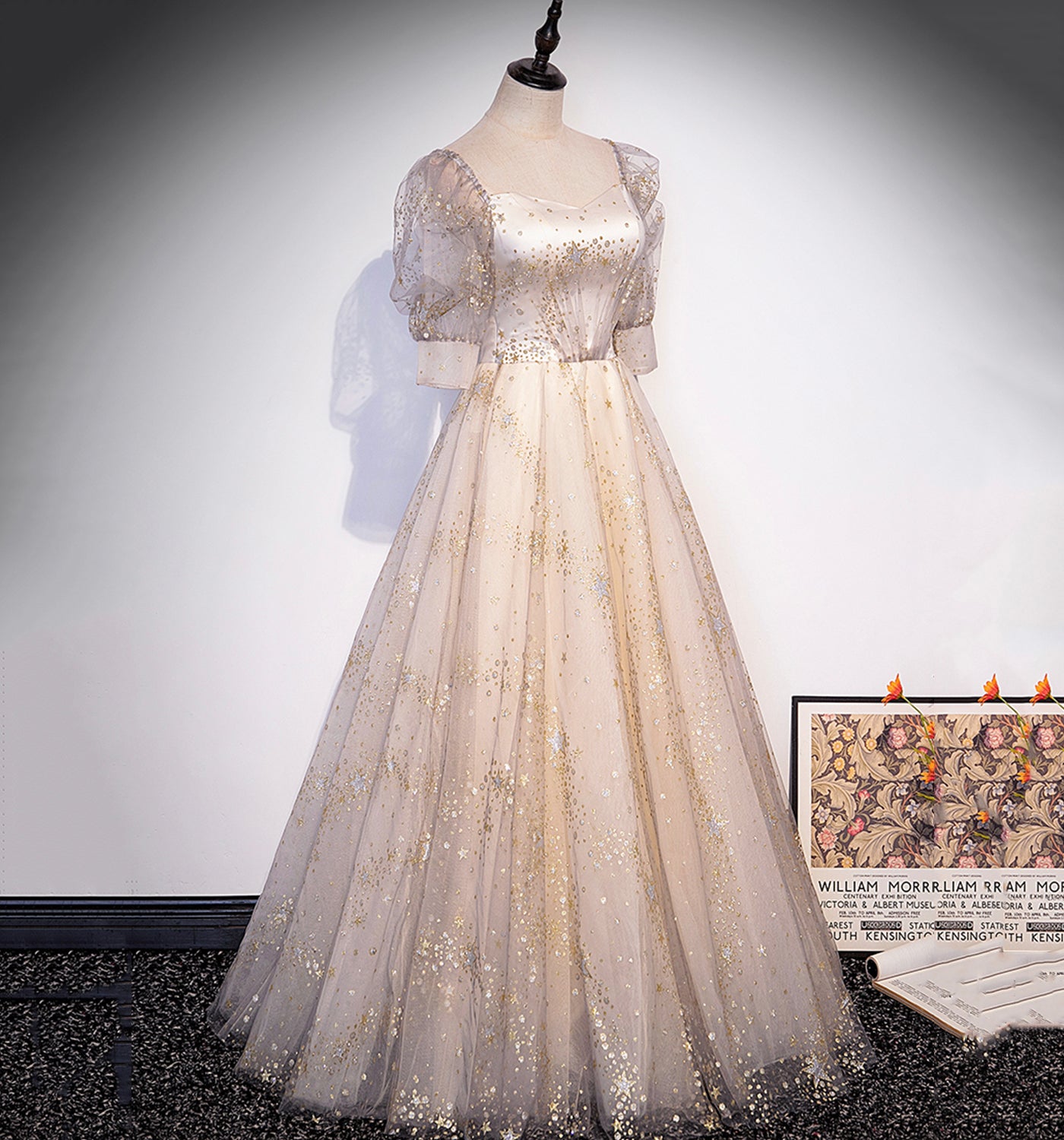 Champagner Tüll Pailletten langes Ballkleid Abendkleid 10004