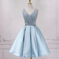 Blue v neck sequins short prom dress blue evening dress  8826