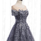 Gray tulle sequins long prom dress A line evening gown  10002