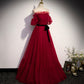 Burgund Tüll langes Ballkleid A-Linie Abendkleid 10009