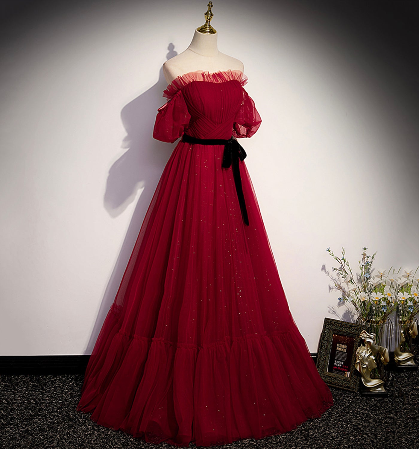Burgund Tüll langes Ballkleid A-Linie Abendkleid 10009
