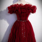 Burgundy tulle long prom dress A line evening gown  10006