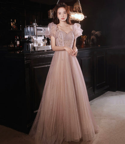 Rosa Tüll Perlen langes Ballkleid A-Linie Abendkleid 10320