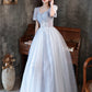 Cute tulle beads long prom dress blue evening dress  10596