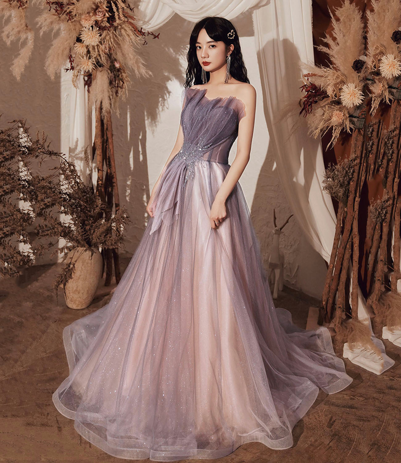 Robe de soirée longue en tulle violet à paillettes 10648