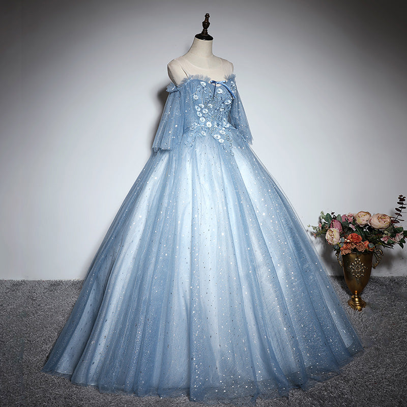 Blaues Tüll-Spitzen-Ballkleid-Kleid, lang, formelles Kleid 10197