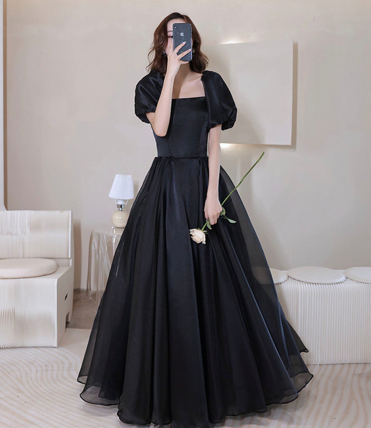 Robe de soirée longue en tulle noir Robe de soirée trapèze 10207