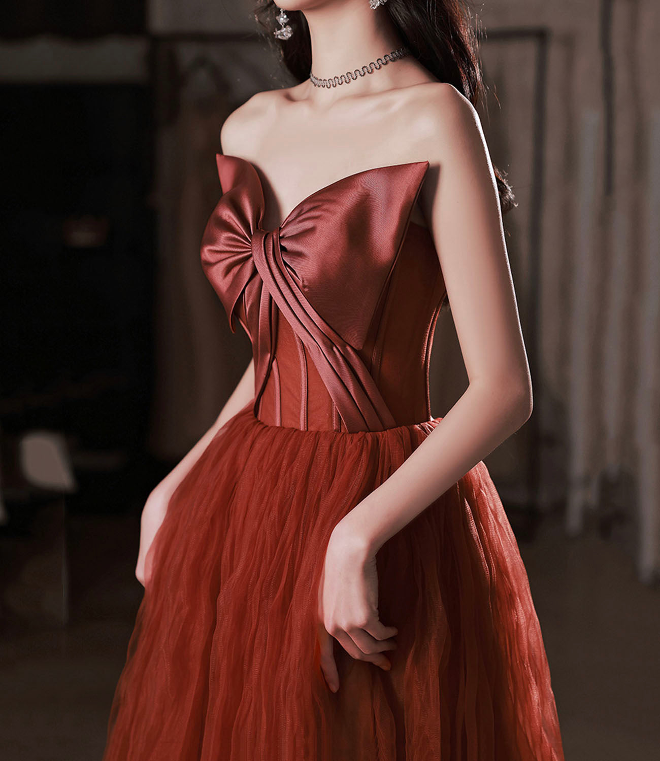 Robe de soirée longue en tulle satiné bordeaux Robe de soirée trapèze 10649