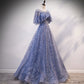Blue tulle sequins long ball gown dress evening dress  8619
