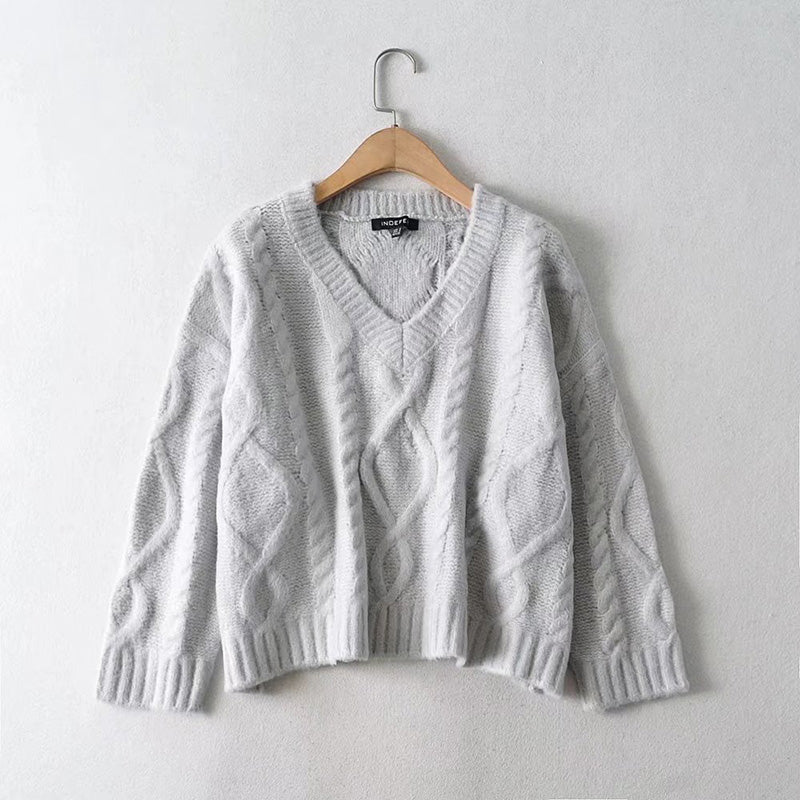 Temperament im neuen Stil, vielseitiger, lockerer, lässiger Oktett-Strickpullover mit V-Ausschnitt 7759