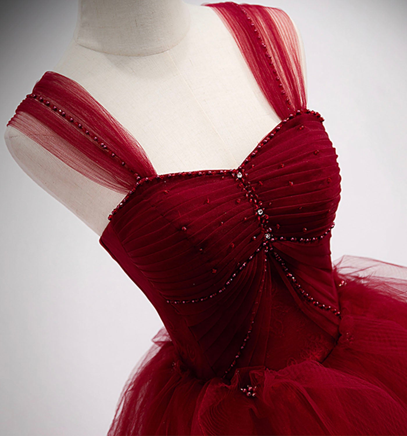 Burgundy tulle long ball gown dress evening dress  8978