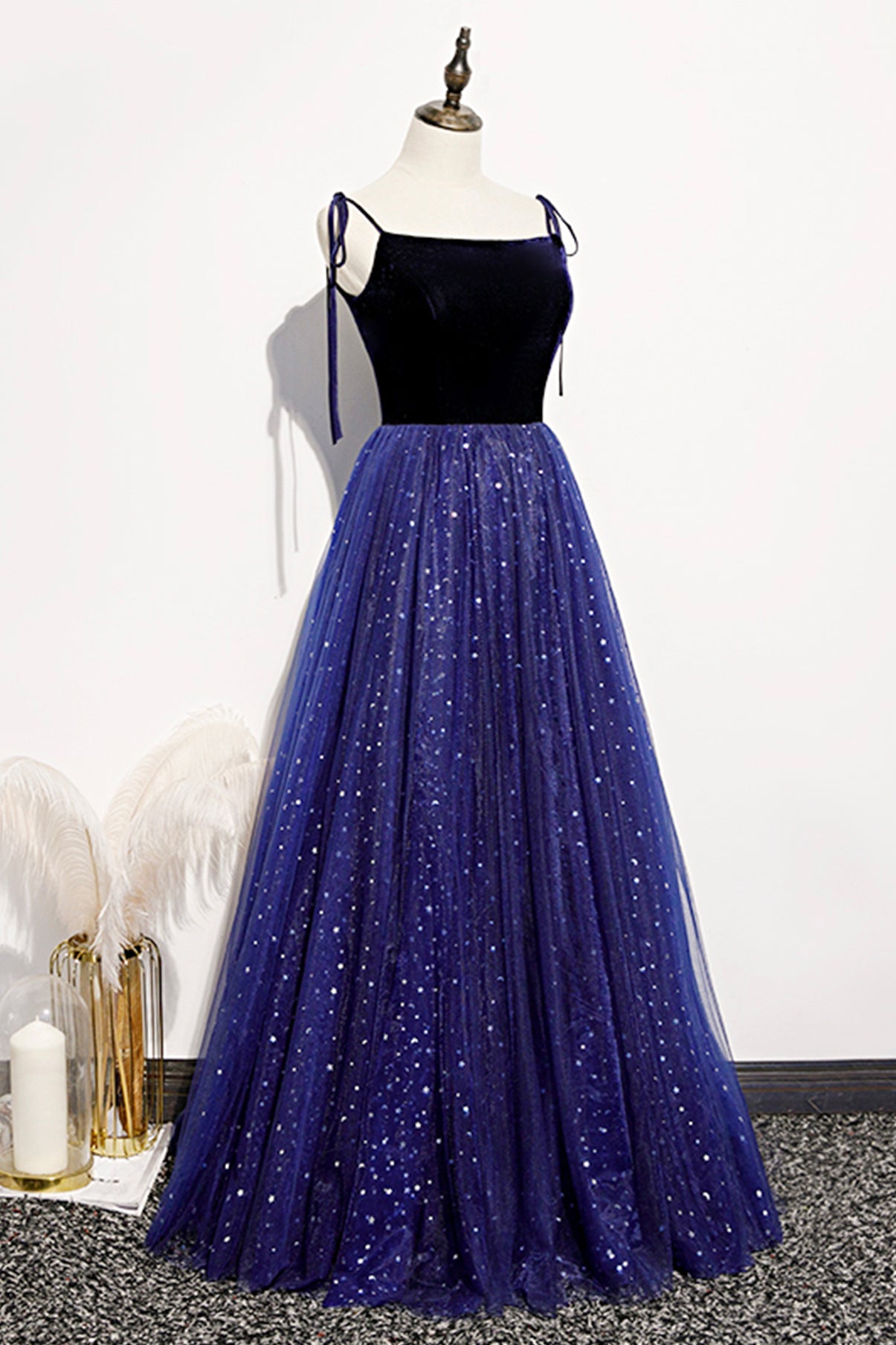 Robe de soirée longue en tulle velours bleu Robe de soirée trapèze 8634