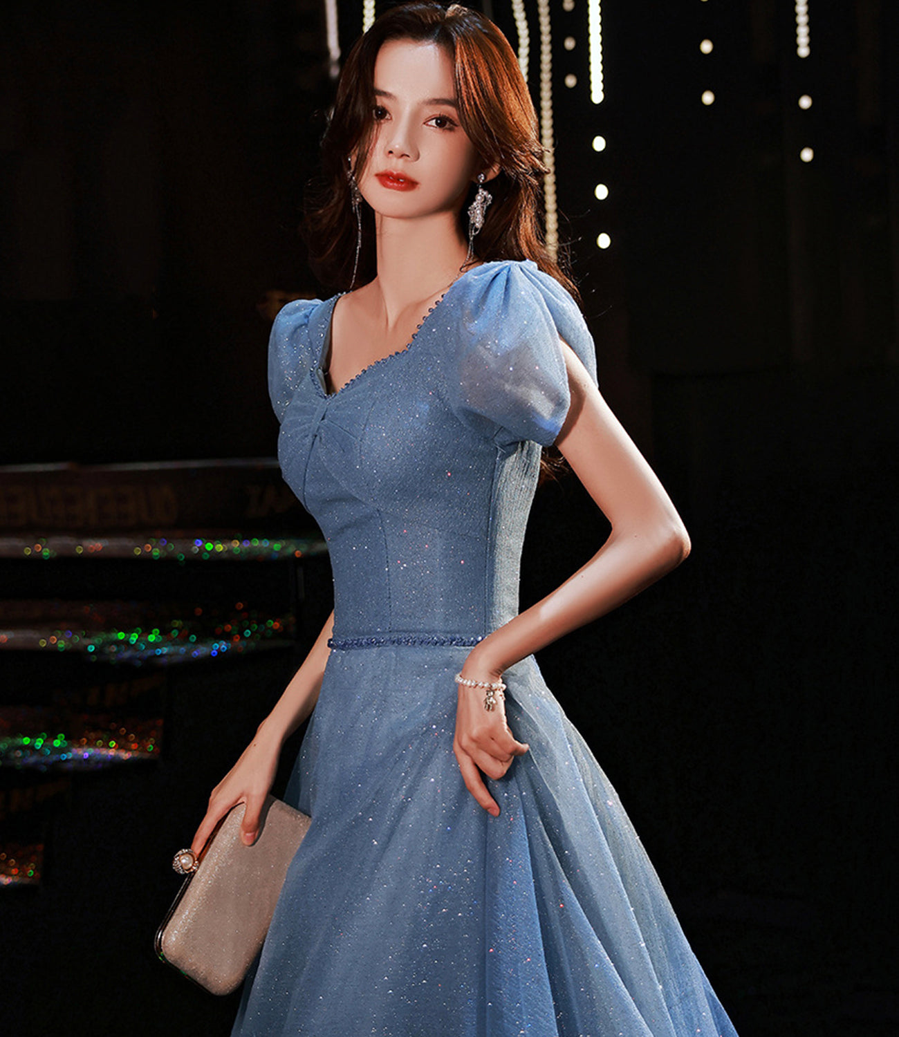 Blue tulle sequins long prom dress evening gown  10310