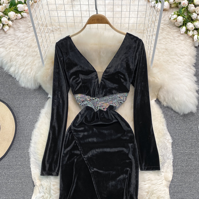 Sexy V Neck Velvet Beads Dress Fashion Dress  10927