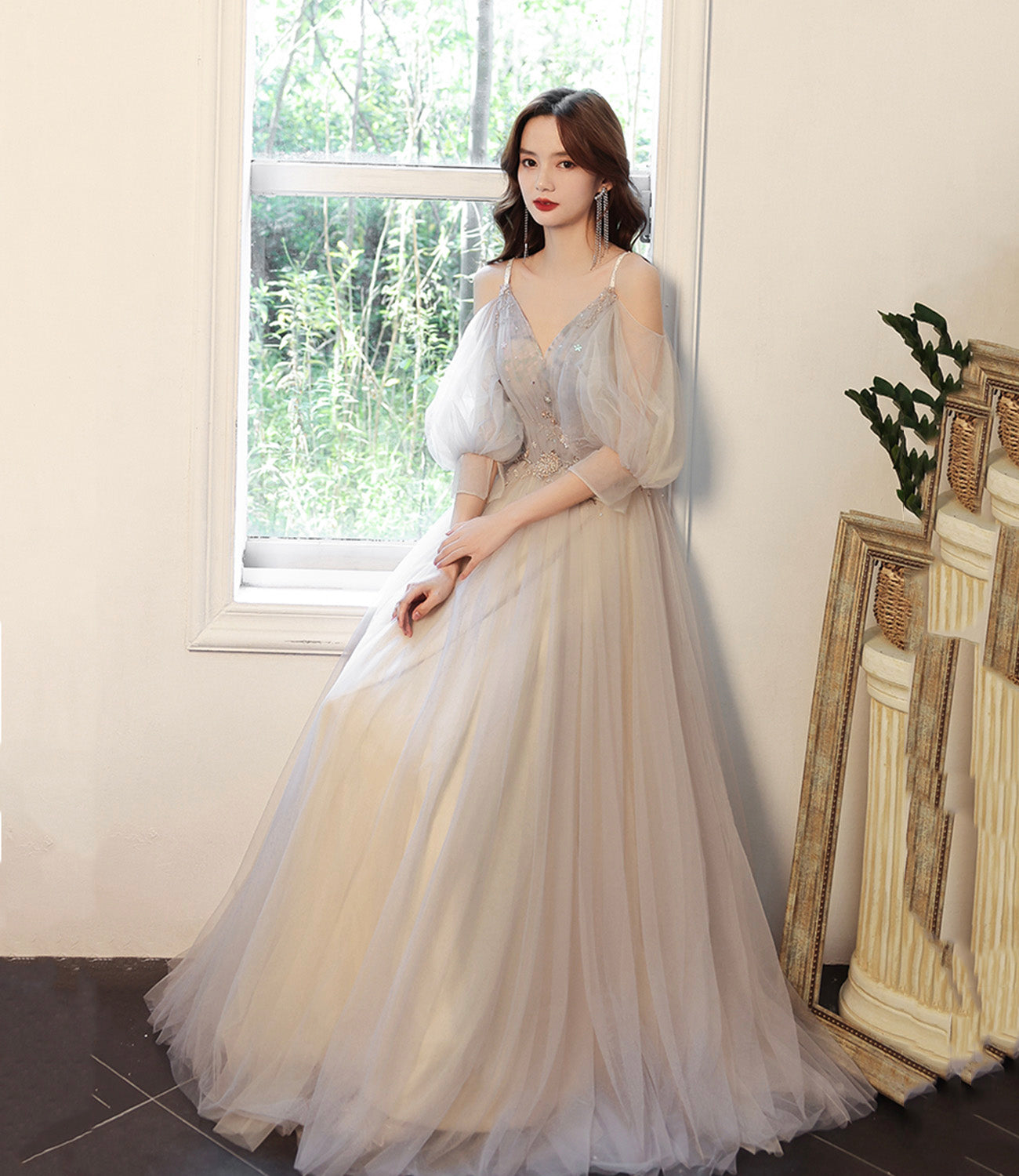Cute tulle lace A line prom dress lace evening dress  10560