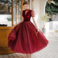 Burgund Tüll kurzes Ballkleid A-Linie Abendkleid 8647