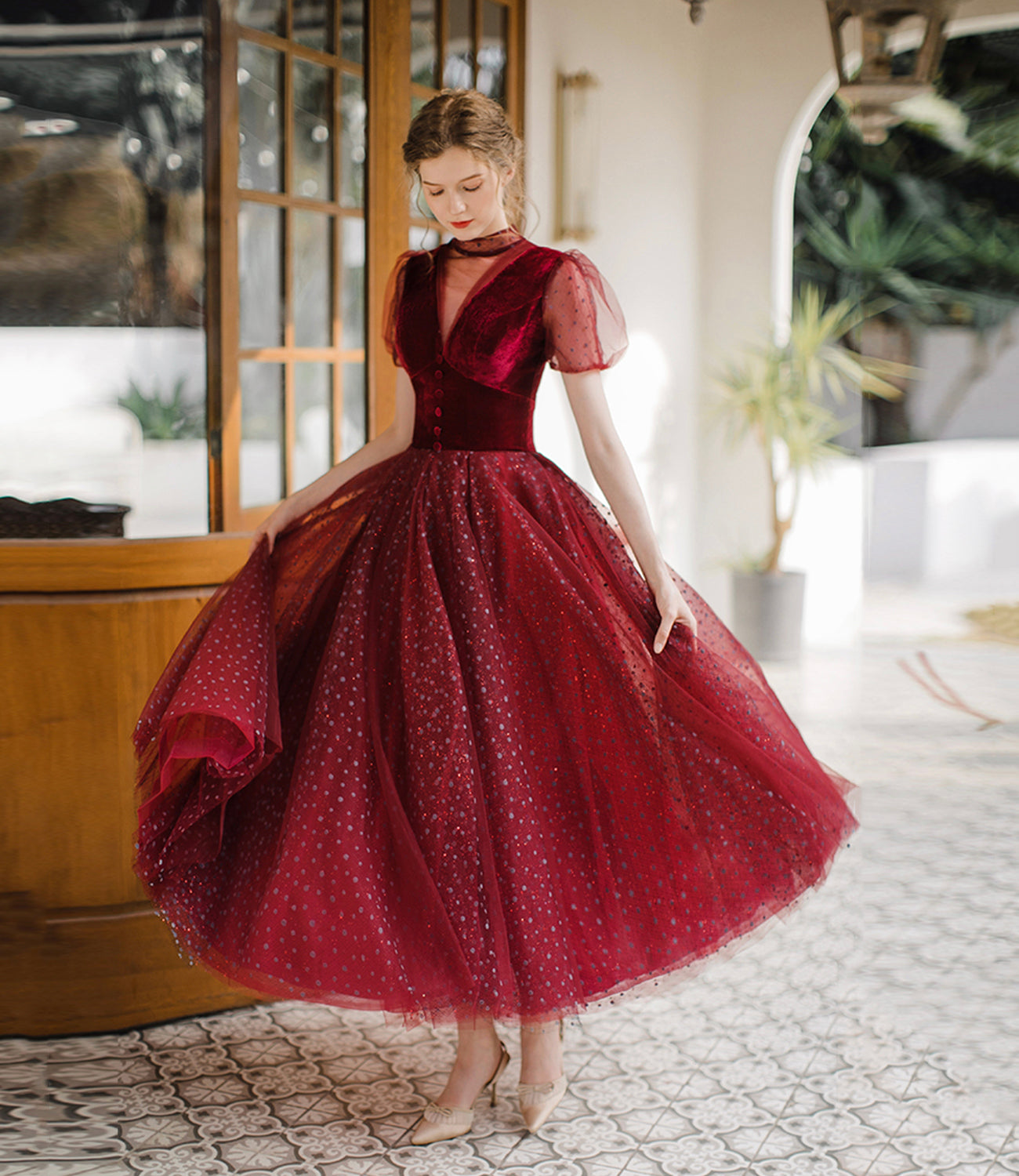 Burgund Tüll kurzes Ballkleid A-Linie Abendkleid 8647