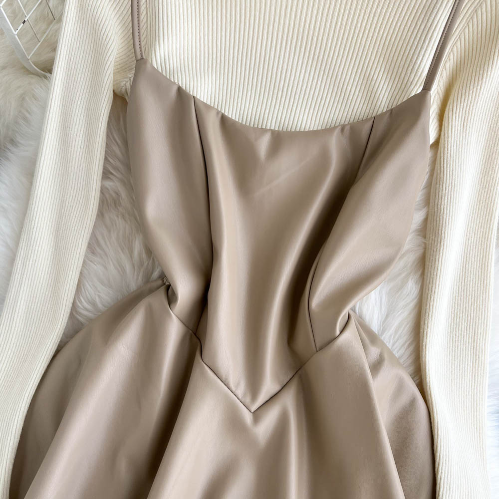 Pull tricoté à la mode + robe trapèze en cuir PU Robe tendance 10885