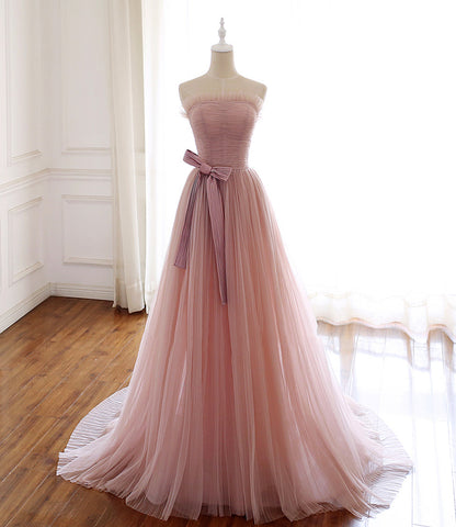 Robe de bal longue en tulle rose, robe de soirée rose 8584