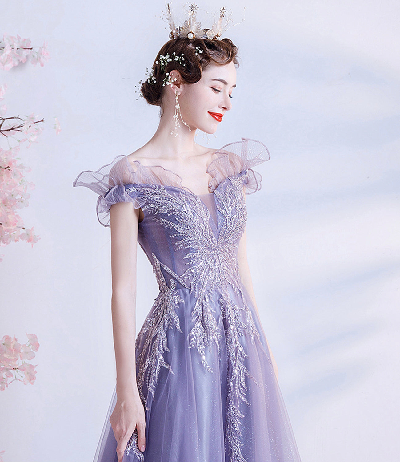 Lila Tüll Pailletten langes Ballkleid A-Linie Abendkleid 10463