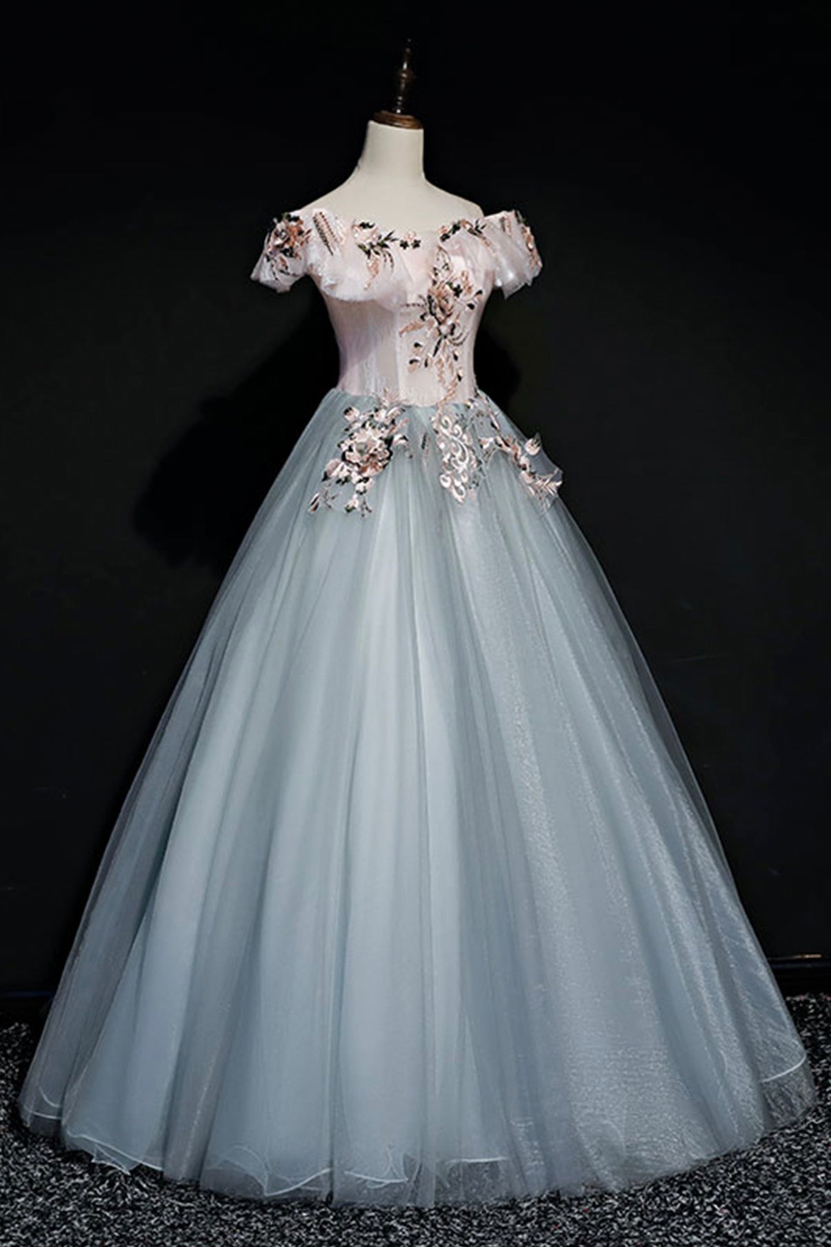 Graues Tüll-Spitzen-Ballkleid-Kleid, lang, formelles Kleid 8722