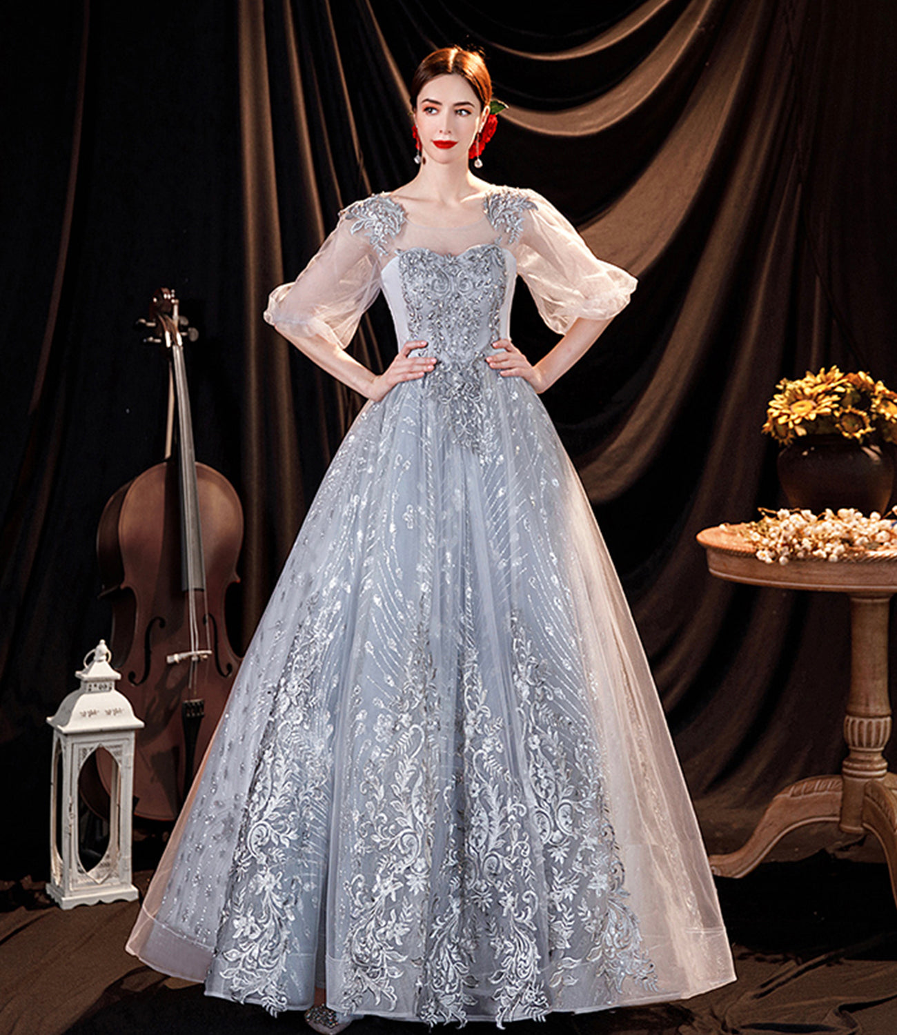 Langes Ballkleid aus grauer Tüllspitze A-Linie Abendkleid 10508
