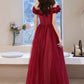 Burgundy tulle beads long prom dress evening dress  10584