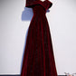 Burgundy Shiny Elegant Velvet Long A-Line Ball Gown Evening Dress 8560