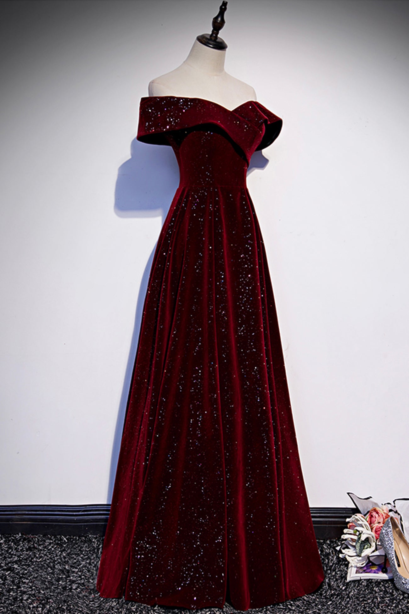 Burgundy Shiny Elegant Velvet Long A-Line Ball Gown Evening Dress 8560