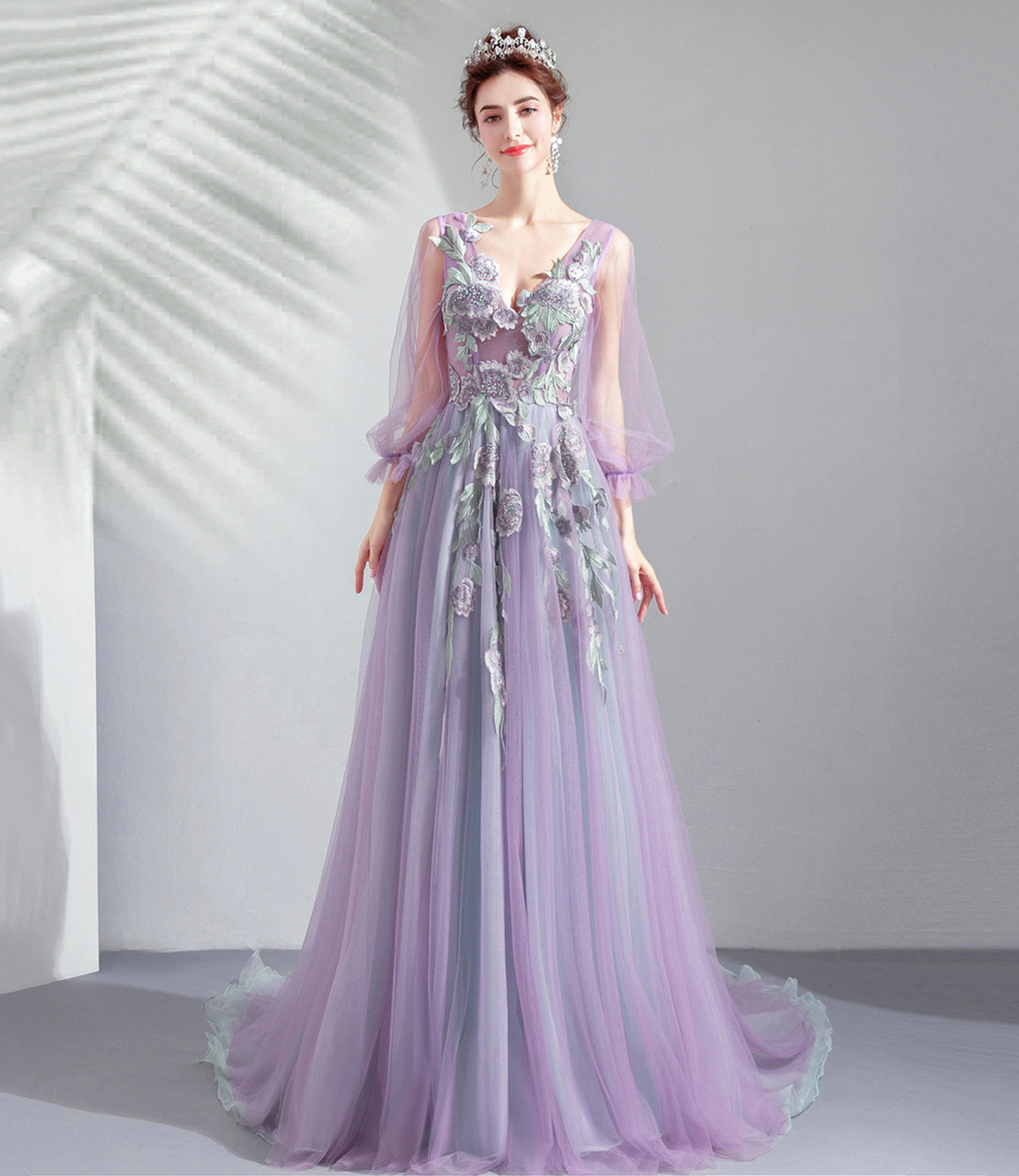 Purple tulle lace long prom dress A line evening dress  10552
