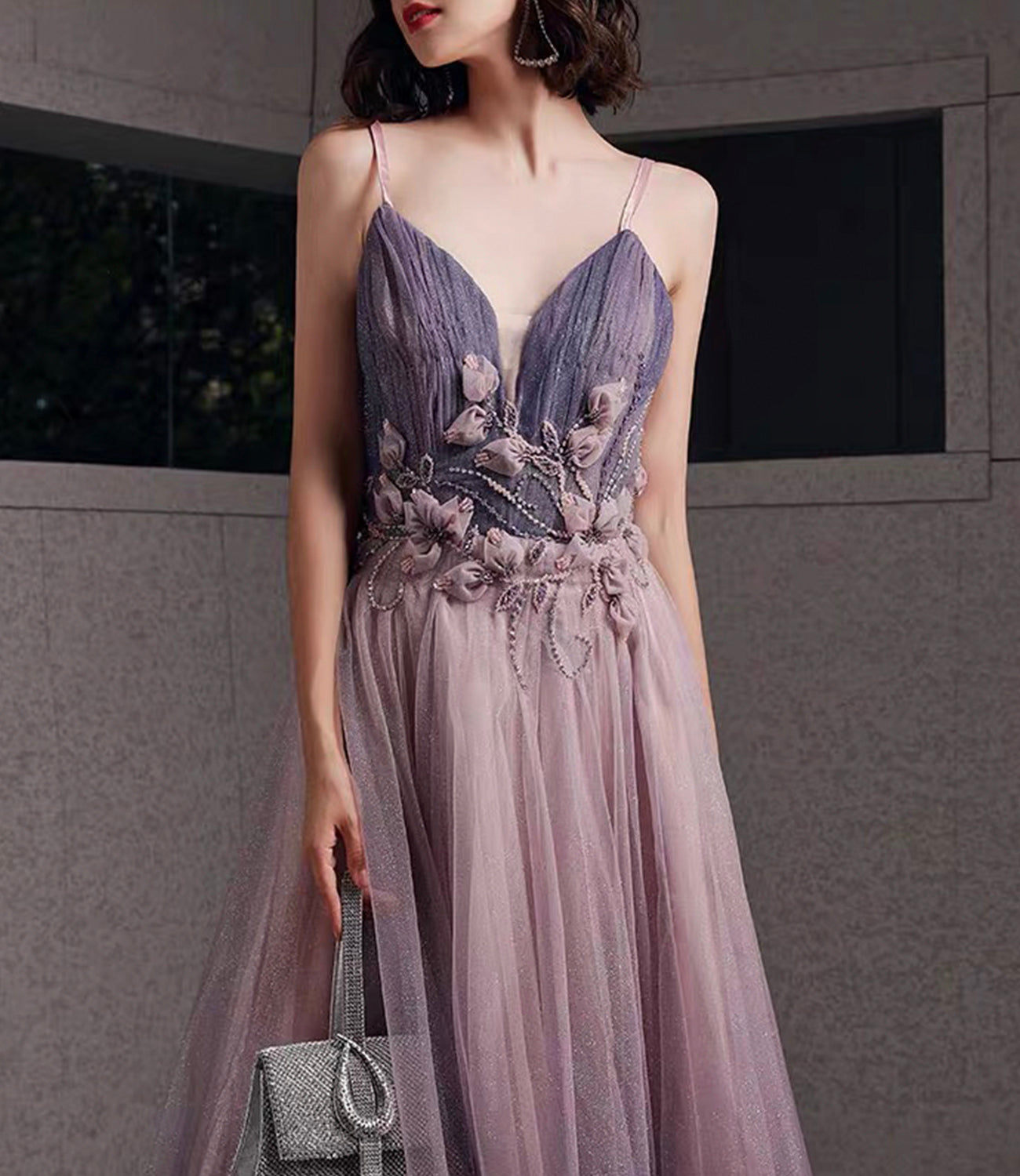 Lila Tüll Pailletten langes Ballkleid A-Linie Abendkleid 10480