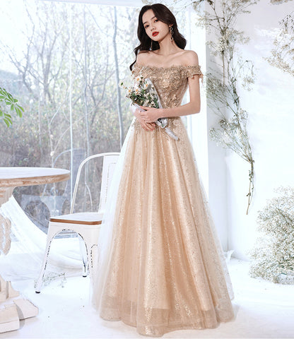 Robe de soirée longue en tulle et dentelle champagne Robe de soirée trapèze 10381