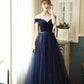 Robe de soirée longue en tulle et velours bleu 10384