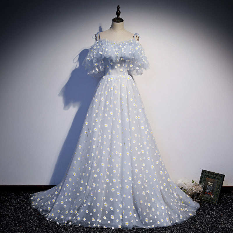 Robe de soirée longue en tulle bleu avec ligne A 8689