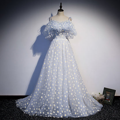 Robe de soirée longue en tulle bleu avec ligne A 8689