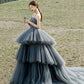 Robe de soirée longue en tulle et dentelle grise 10306
