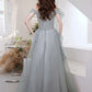Gray tulle sequins long prom dress A line evening dress  10646