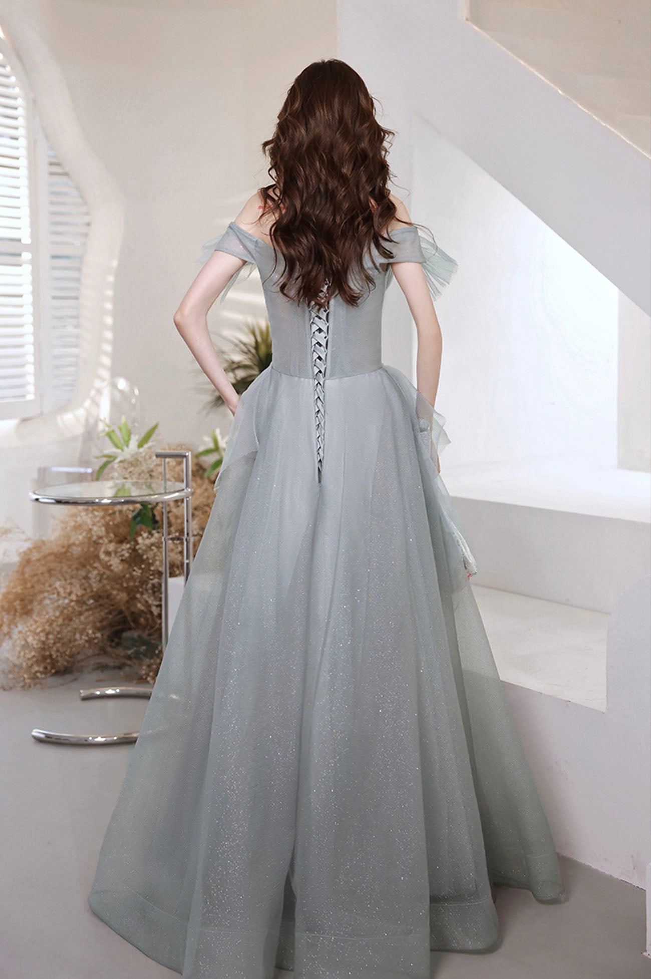 Gray tulle sequins long prom dress A line evening dress  10646