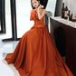 Langes Abschlussballkleid aus orangefarbenem Satin mit Schleife A-Linie formelles Kleid 10568