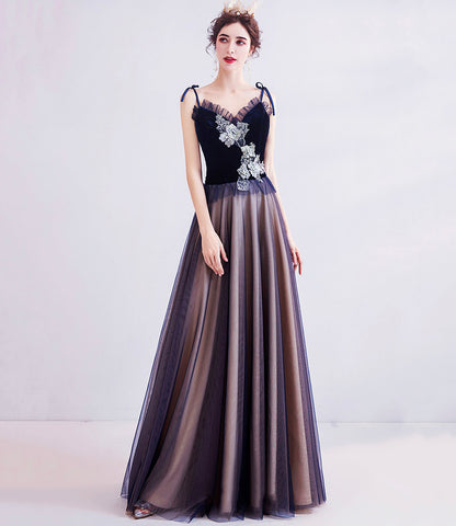 Robe de soirée longue en tulle bleu et dentelle 10617