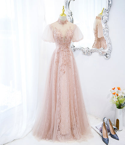 Rosa Tüll Perlen langes Ballkleid A-Linie Abendkleid 10400