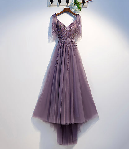 Lila Tüll Spitze langes Ballkleid A-Linie Abendkleid 10494