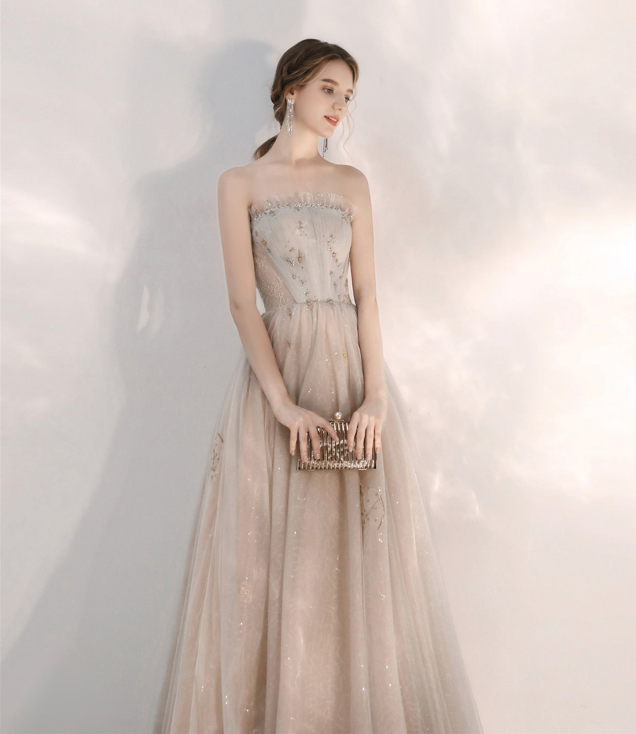 Champagner Tüll Pailletten langes Ballkleid Abendkleid 10375